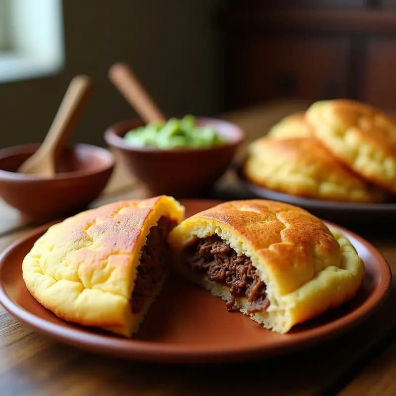 Arepas de yuca doradas y crujientes rellenas de carne mechada especiada, servidas en un plato de madera con cilantro fresco, receta colombiana-venezolana sin harina en airfryer.