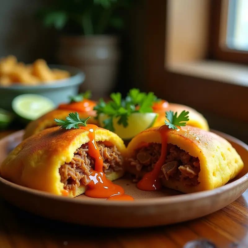 Arepas doradas de yuca rellenas de carnitas jugosas y bañadas en mojo picón, servidas en platea de madera con hierbas frescas y gajos de limón.