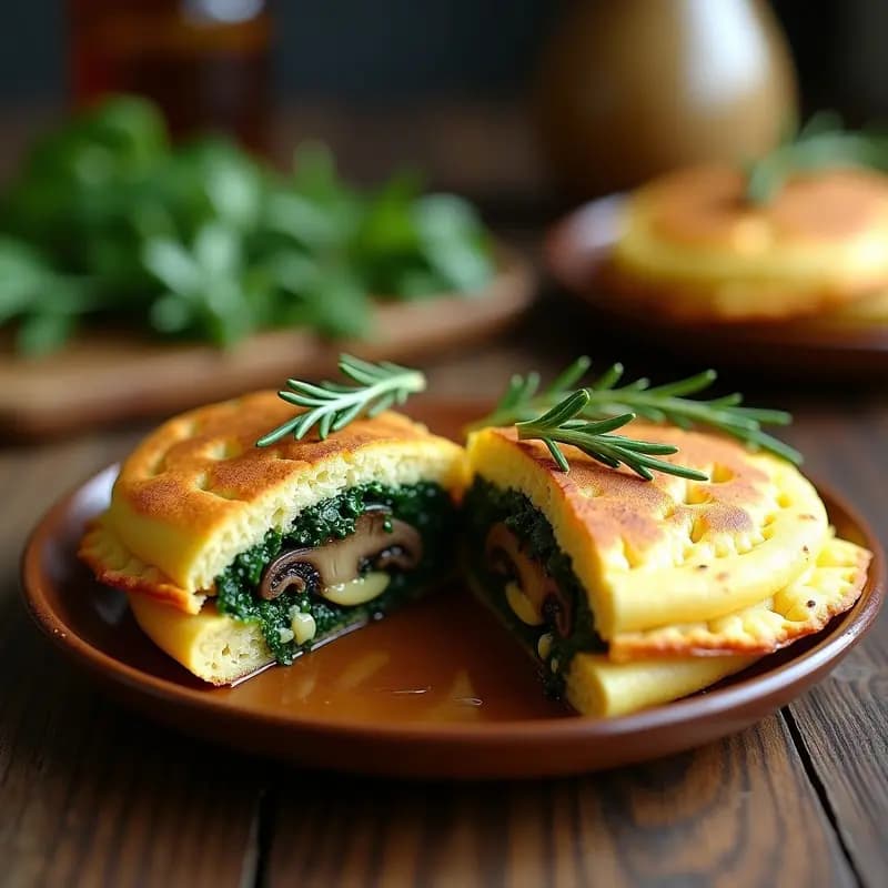 Arepas doradas de yuca y espinaca abiertas por la mitad, rellenas de hongos portobello jugosos y espolvoreadas con queso vegano de anacardos derretido, servidas en un plato de barro con fondo borroso.