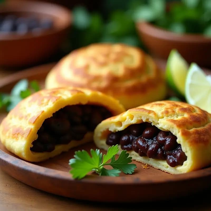 Arepas doradas de yuca y espinacas con relleno de frijoles negros, servidas en un plato de madera rústico con cilantro fresco y rodajas de limón. Snack colombiano keto crujiente y saludable.