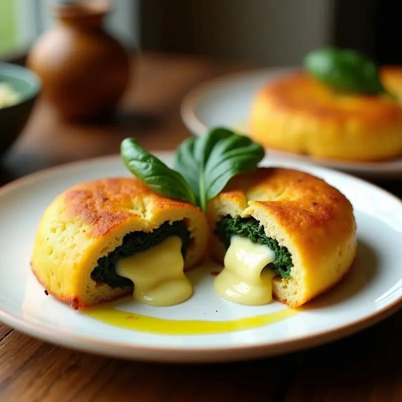 Arepas doradas de yuca y espinacas cortadas por la mitad, rellenas de queso de castaña cremoso, servidas en un plato de cerámica blanca sobre fondo de madera rústica. Receta venezolana vegana sin gluten.