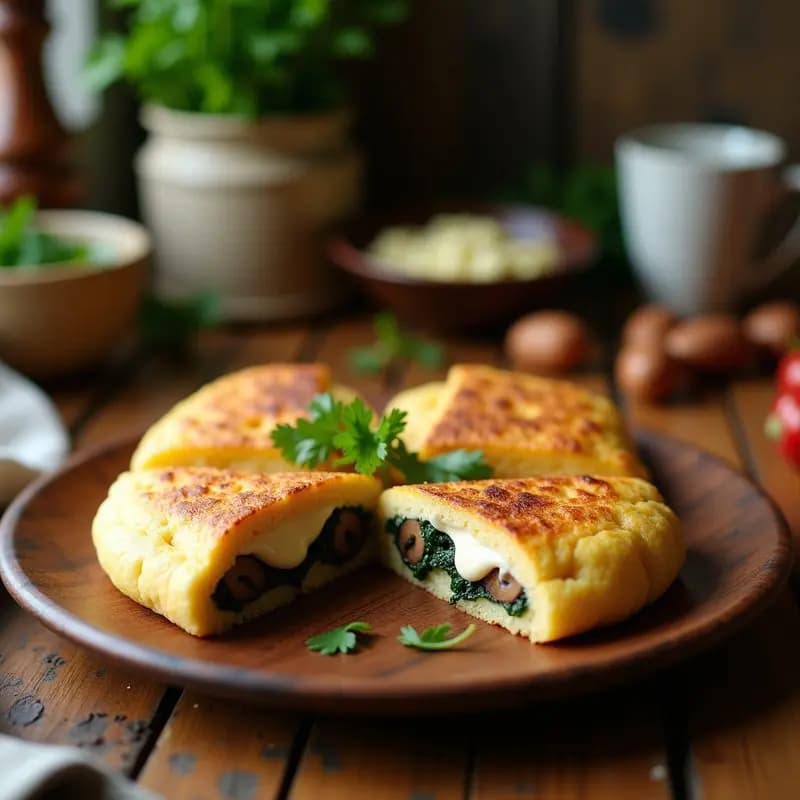Arepas doradas y crujientes de yuca y espinacas abiertas por la mitad, mostrando un relleno cremoso de queso vegano de anacardos y champiñones portobello salteados con ajo y perejil, servidas en un plato rústico de barro sobre una mesa de madera.