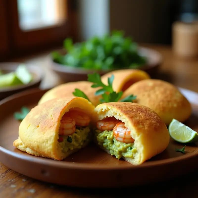 Arepas doradas de yuca rellenas de guacamole cremoso y camarones al ajillo, servidas en un plato de madera con decoración de cilantro fresco y rodajas de limón, receta venezolana-colombiana sin harina.