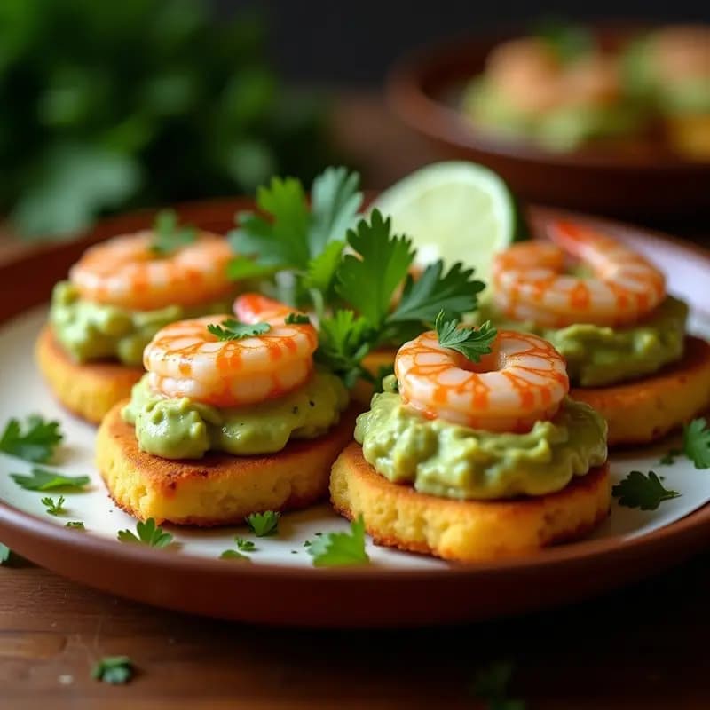 Arepas doradas de yuca abiertas por la mitad, rellenas de guacamole cremoso con trozos de tomate y cebolla morada, y camarones rosados al mojo de ajo. Plato decorado con hojas de cilantro y rodajas de limón verde sobre un mantel rústico de lino.