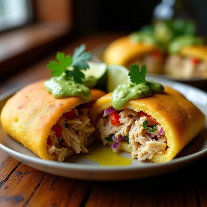 Arepas doradas de yuca rellenas de guasacaca cremosa y pollo desmenuzado, servidas en plato de madera con aguacate y cilantro fresco, desayuno venezolano sin harina.
