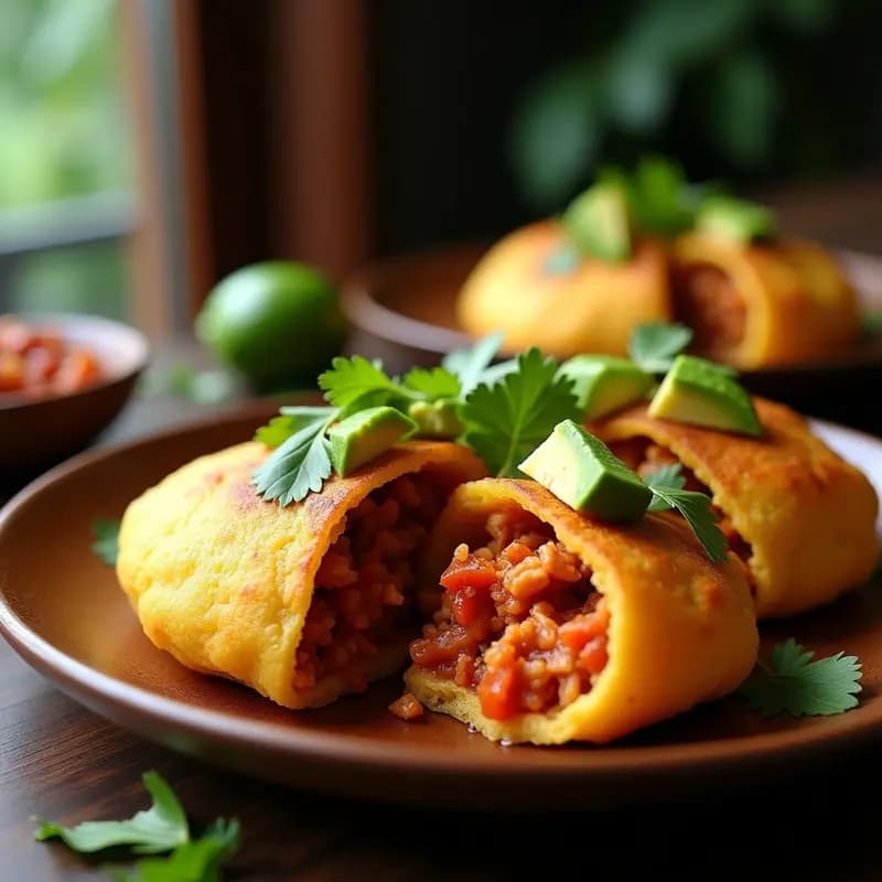 Arepas doradas de yuca cortadas por la mitad, rellenas de un guiso oscuro y jugoso de jackfruit desmenuzado, acompañadas de cilantro fresco y servidas en un plato de barro rústico. Receta venezolana vegana y sin gluten.