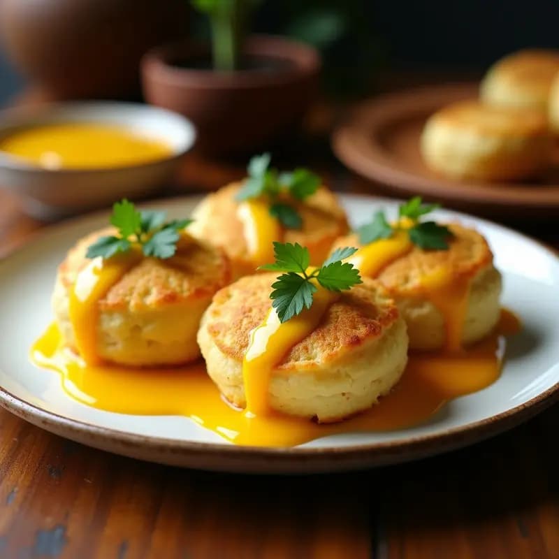Arepas de yuca doradas y crujientes rellenas de pargo desmenuzado, servidas en un plato de cerámica blanca con salsa de ají amarillo cremosa y hojas de cilantro fresco. Receta venezolana tradicional y sin gluten.