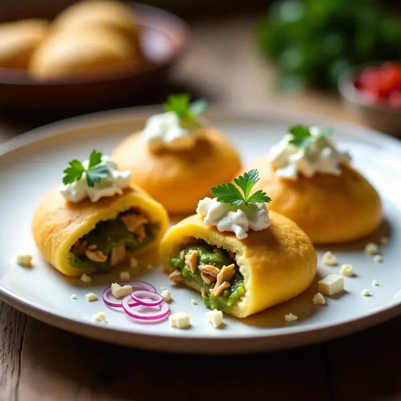 Plato con arepas doradas de yuca rellenas de pollo al ají verde, bañadas en salsa cremosa y decoradas con queso fresco desmenuzado y cilantro, sobre fondo rústico de madera.