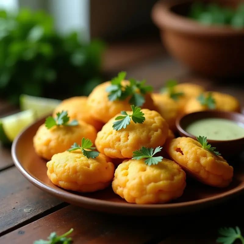 Arepas de yuca doradas y crujientes rellenas de pull jack especiado, servidas en un plato de madera rústico con hojas de cilantro fresco y rodajas de limón. Receta venezolana sin gluten.