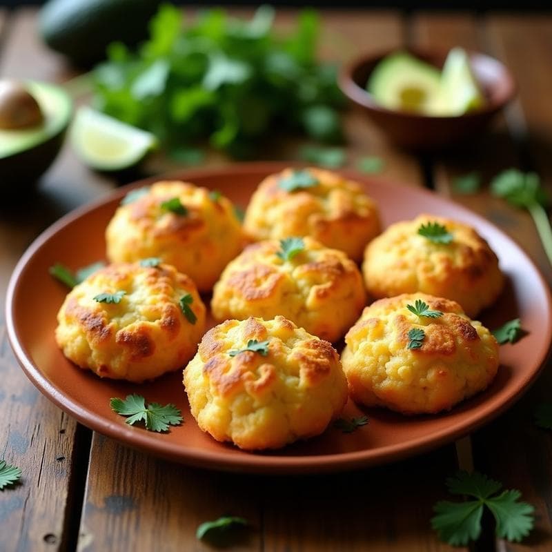 Arepas doradas y crujientes de yuca y queso de almendras rellenas de pollo desmenuzado especiado, servidas en un plato rústico de barro con un toque de cilantro fresco, receta keto venezolana.