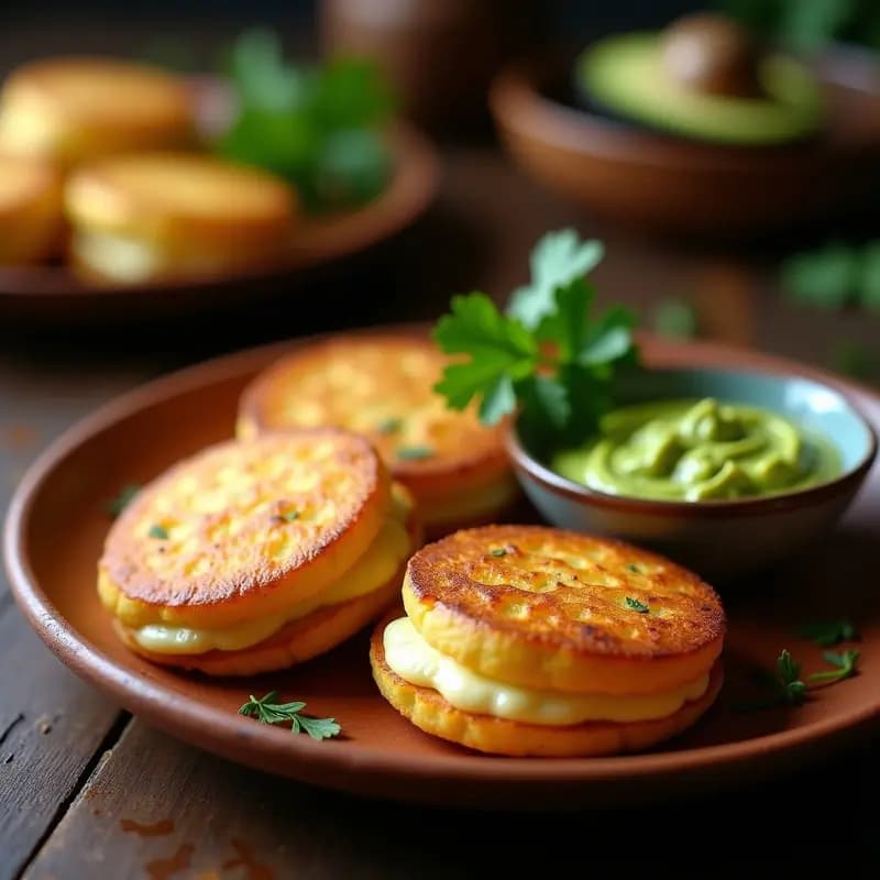 Arepas doradas y crujientes de yuca y queso de almendras veganas, apiladas en un plato de barro rústico, con un fondo de hojas de plátano y un cuenco pequeño de queso de almendras cremoso al lado. Receta colombiana sin gluten.