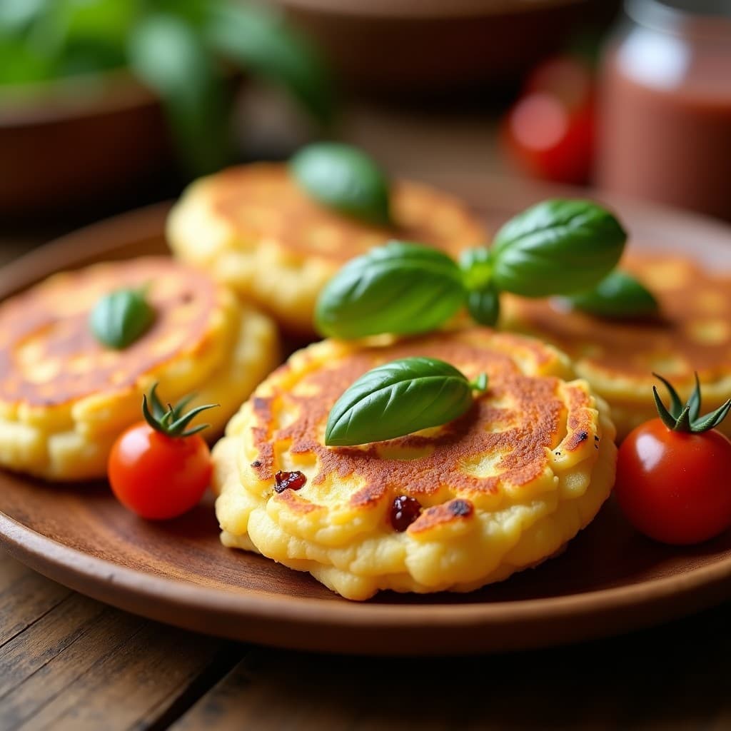 Arepas doradas y crujientes de yuca con trozos de queso de cabra blanco y tomates secos rojos, servidas en un plato de madera rústico con hojas de albahaca fresca. Receta keto venezolana en airfryer.