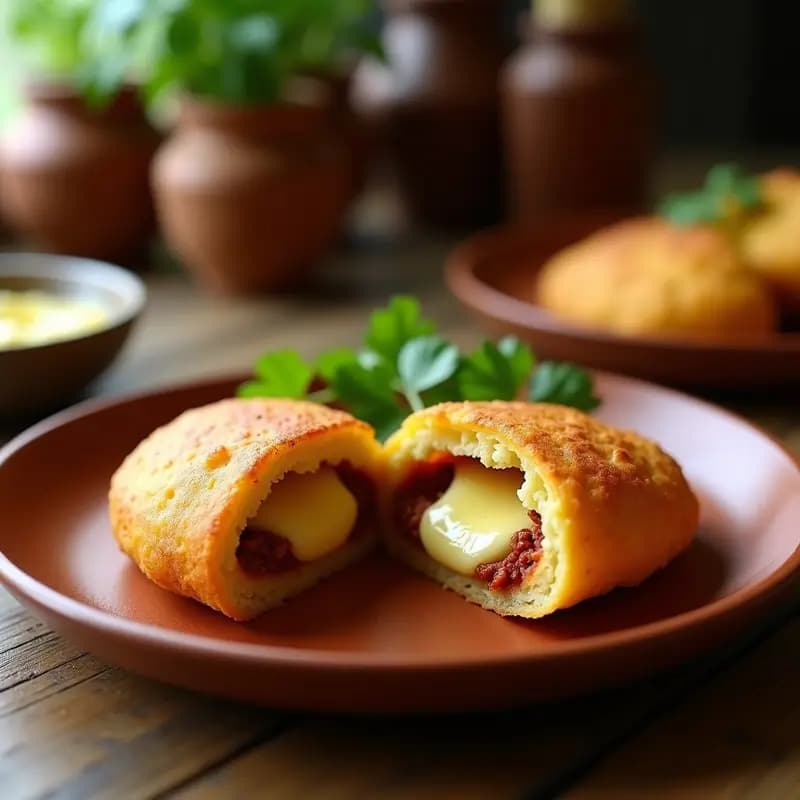 Arepas doradas de yuca rallada abiertas por la mitad, rellenas de chorizo criollo desmenuzado y queso costeño derretido, servidas en plato de barro con hierbas frescas. Desayuno colombiano energético.