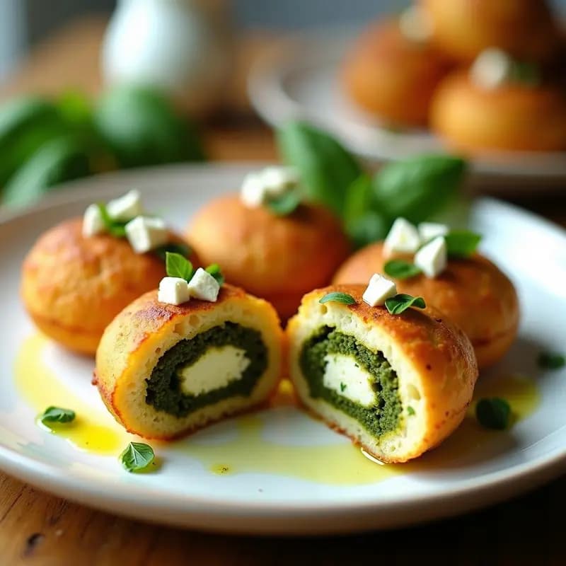 Arepas doradas y crujientes de yuca rellenas de queso feta desmenuzado y pesto de albahaca verde, servidas en un plato de madera rústico con hojas de albahaca fresca y aceite de oliva. Receta venezolana-griega en airfryer.