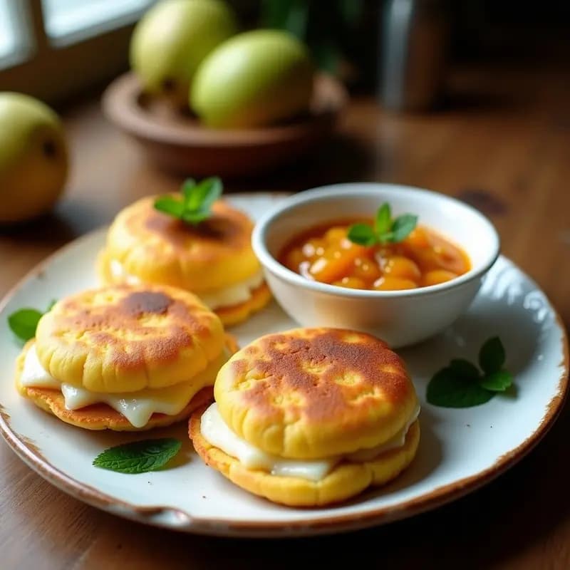 Plato de arepas doradas de yuca rellenas de queso de oveja, acompañadas de compota de guayaba con tonos ámbar y hojas de menta, desayuno venezolano-colombiano en sartén.