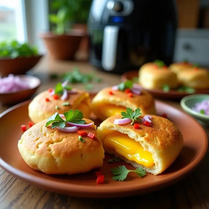 Arepas doradas y crujientes de yuca rellenas de queso vegano cremoso, servidas en un plato de barro con topping de pimentón rojo, cebolla morada y cilantro fresco. Desayuno venezolano sin gluten cocinado en airfryer.