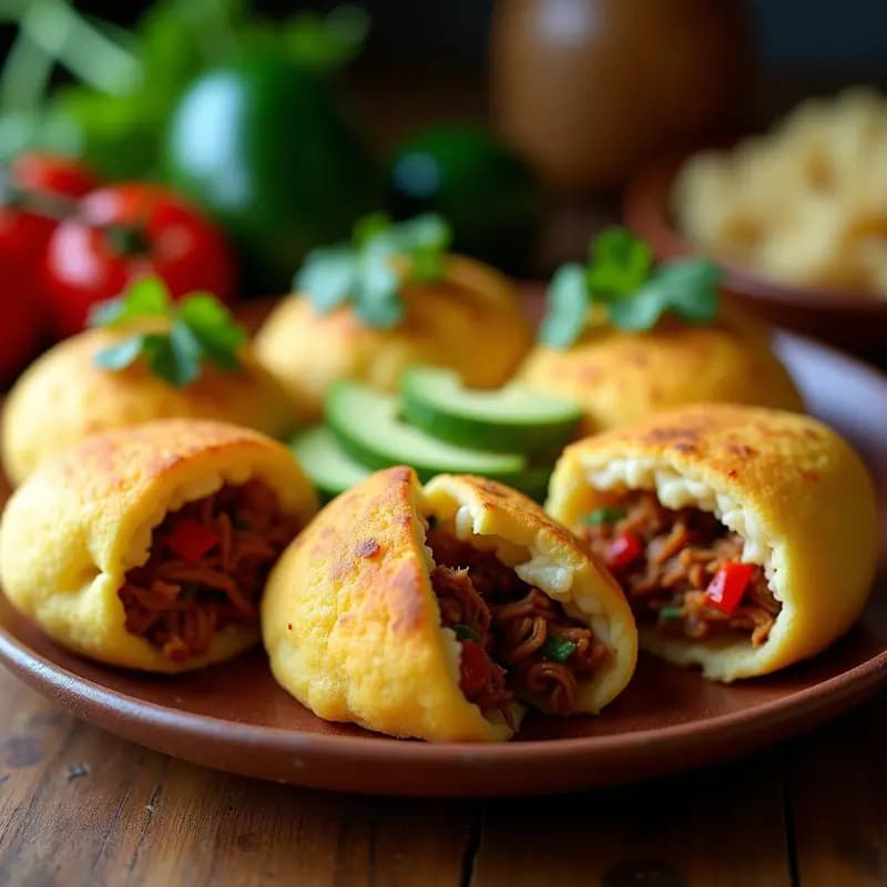 Arepas doradas y crujientes de yuca rellenas de carne mechada de jackfruit vegana, servidas en un plato de barro con cilantro fresco y rodajas de limón, receta colombiana-venezolana sin gluten.
