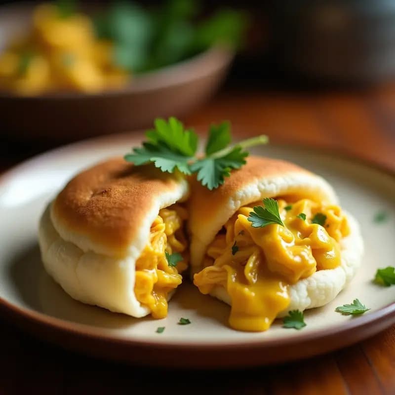 Arepa de yuca dorada y esponjosa rellena de pollo desmenuzado en salsa de ají amarillo y cilantro, servida en plato rústico con fondo de madera. Receta colombiana sin gluten y alta en proteínas.