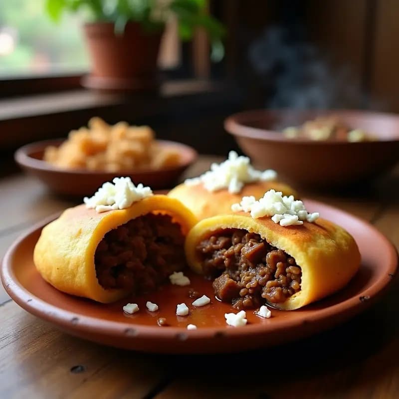 Arepas doradas de yuca abiertas por la mitad, rellenas de guiso de carne desmenuzada jugoso y espolvoreadas con queso blanco, servidas en un plato rústico de barro con fondo de cocina tradicional colombiana.