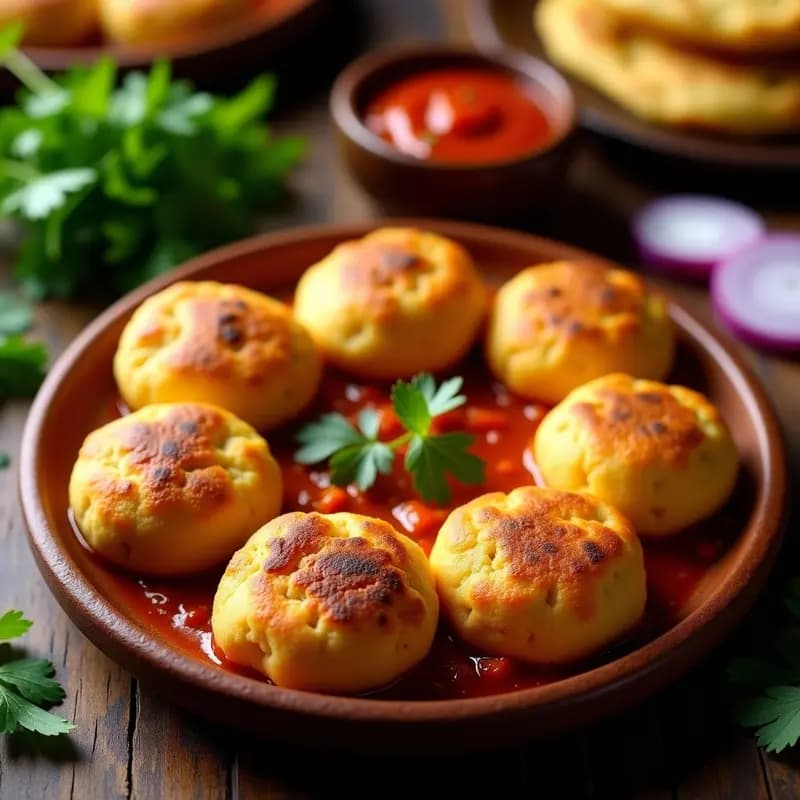 Arepas doradas de yuca rellenas de guiso de seitán, servidas en un plato de barro con ají picante y cilantro fresco, típico de la cocina colombiana vegana.