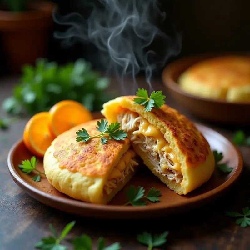 Arepas doradas de yuká rellenas de pollo desmechado y queso guyayese derretido, servidas en un plato rústico con cilantro fresco y rodaja de naranja agria al lado, receta tradicional venezolana.
