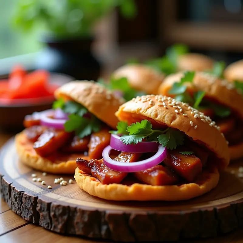 Arepas doradas de batata yukón abiertas por la mitad, rellenas de tiras de cerdo pulkogui brillante y jugoso, decoradas con semillas de ajonjolí y cébollino fresco sobre un plato de madera rústico.