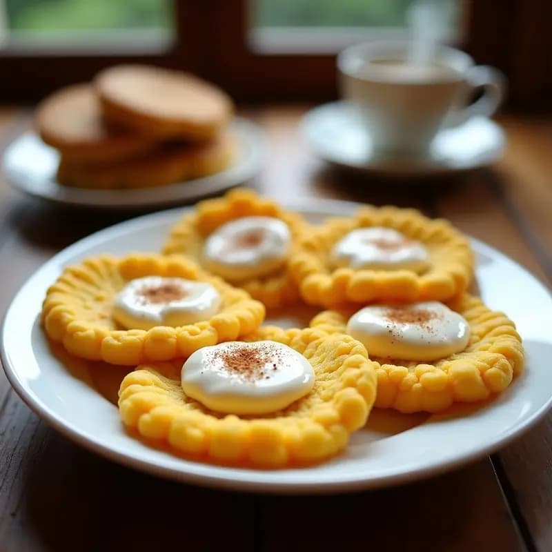 Plato blanco con 6 arepitas dulces de maíz tierno doradas, rellenas de queso crema y espolvoreadas con canela, servidas sobre una mesa rústica de madera con un café humeante al fondo.