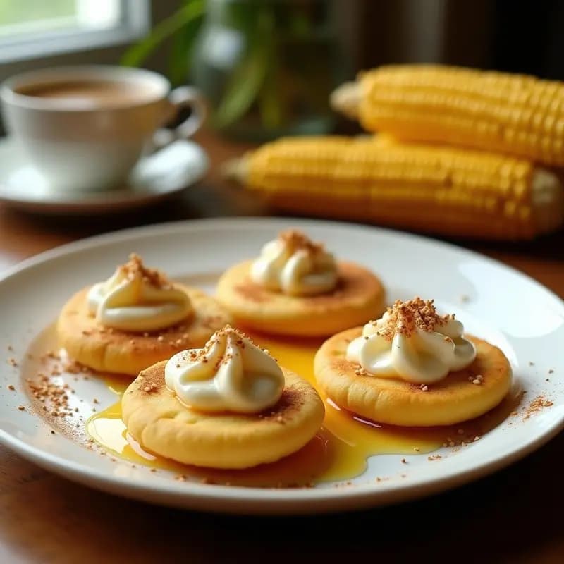 Plato blanco con arepitas dulces venezolanas doradas, rellenas de queso blanco cremoso y bañadas en miel de abeja, espolvoreadas con canela y semillas de sésamo, sobre fondo rústico de madera.