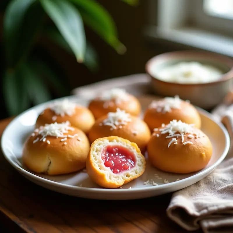 Arepitas doradas de ñame rellenas de pulpa de guayaba, con coco rallado por encima, servidas en un plato de cerámica blanca sobre una mesa de madera rústica. Receta colombiana sin harina y sin azúcar.