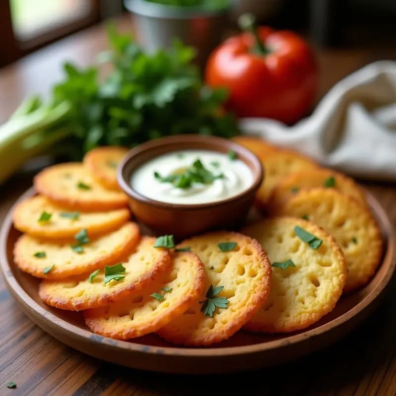 Arepitas doradas y crujientes de yuca y queso de mandioca apiladas en un plato de madera, con textura esponjosa por dentro y acompañadas de perejil fresco y salsa suave. Receta venezolana sin gluten para airfryer.