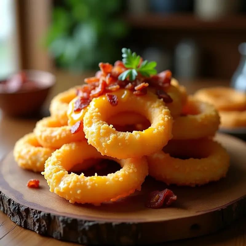 Aros de cebolla dorados y crujientes rellenos de queso cheddar fundido y trozos de bacon ahumado, servidos en una tabla de madera con salsa barbacoa al lado. Receta de aros de cebolla con queso fundido y bacon.