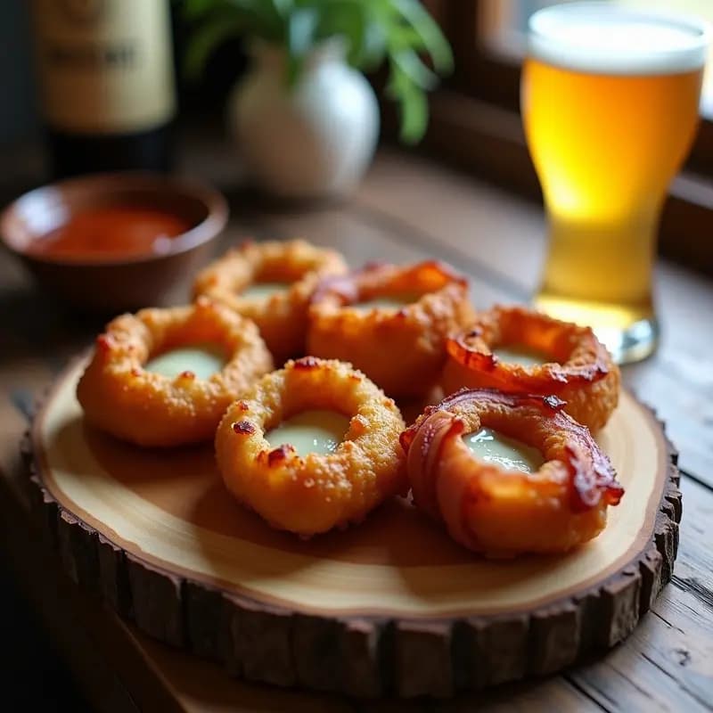 Aros de cebolla dorados y crujientes rellenos de queso azul derretido, envueltos en bacon ahumado, servidos en una bandeja de madera con salsa barbacoa al lado. Receta de aros de cebolla con queso azul y bacon.
