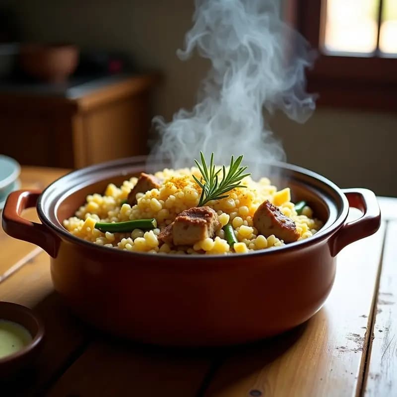 Olla exprés abierta mostrando arrocito valenciano humeante con trozos de pollo, costillas, judías verdes y garrofó, decorado con hebras de azafrán.