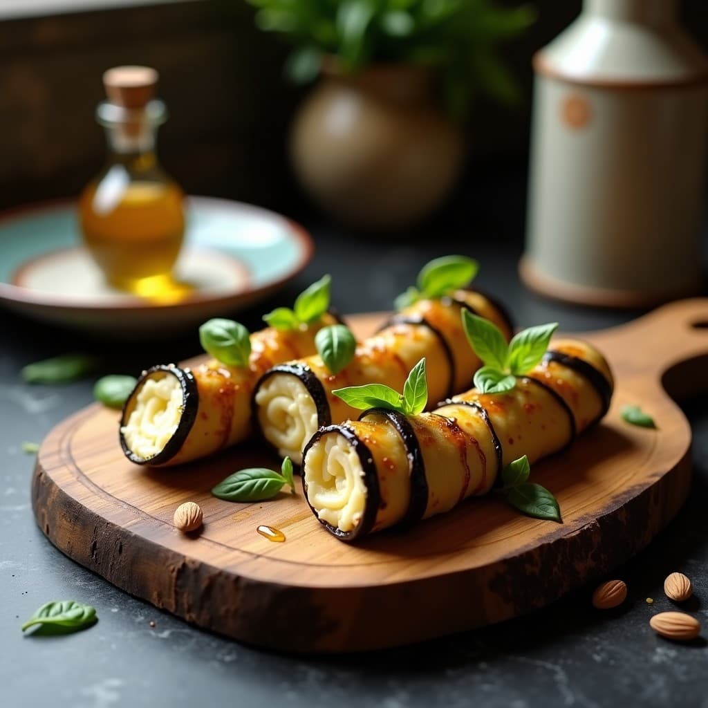 Bandeja de madera con arrolladitos de berenjena y queso de almendras con miel de agave, decorados con hojas de albahaca fresca y un hilo de miel brillante. Plato de fondo rústico con detalles italianos.