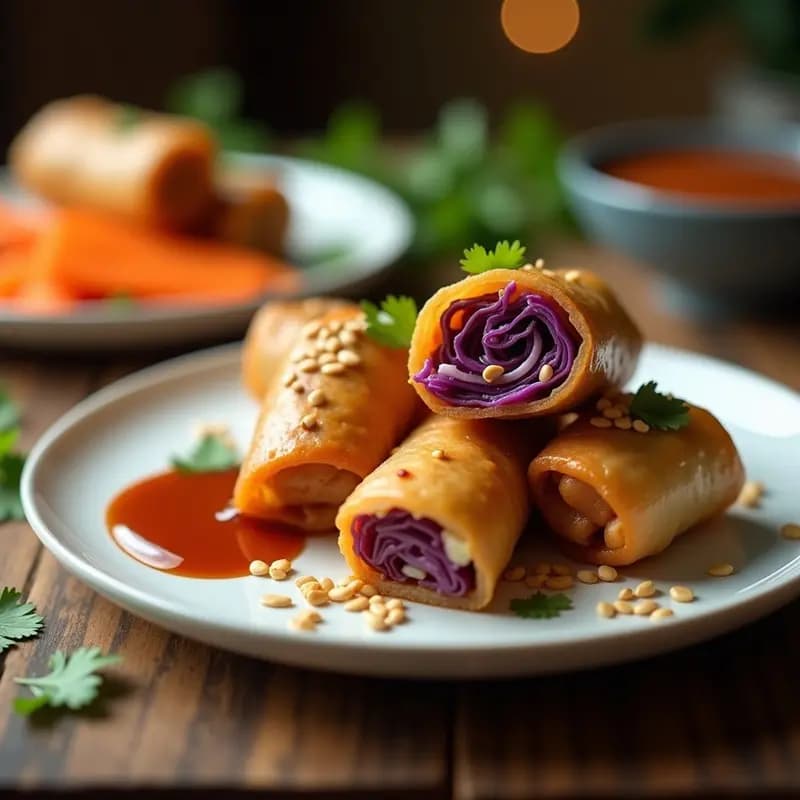 Arrolladitos primavera dorados y crujientes en airfryer, cortados por la mitad para mostrar el relleno de repollo morado y zanahoria en juliana, servidos en un plato blanco con salsa hoisin espesa y semillas de sésamo espolvoreadas, fondo rústico de madera.