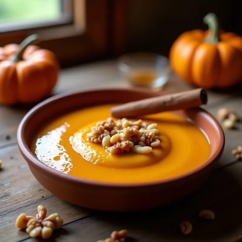 Cuenco de barro rústico con arrope con calabaza, un postre extremeño de calabaza cocida y miel dorada, espolvoreado con nueces picadas y una ramita de canela al lado.