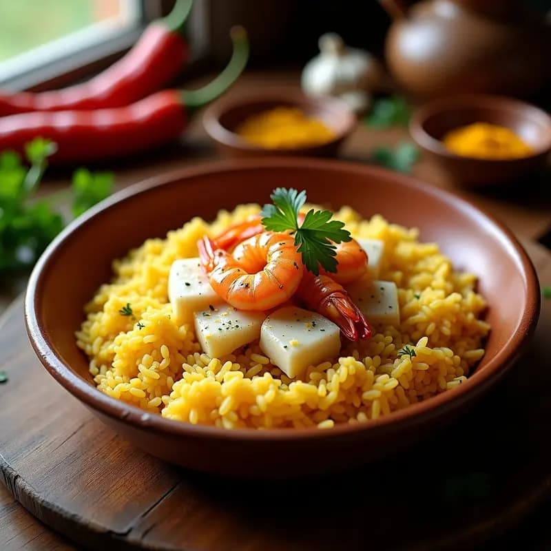 Paellera de barro con arroz a banda alicantino, trozos de merluza y gambas, decorado con perejil fresco y hebras de azafrán. Fondo rústico con ñoras y ajos.