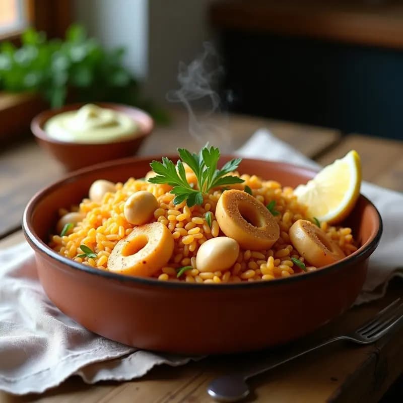 Plato hondo de barro con arroz a banda murciano humeante, trozos de merluza y calamares, garbanzos y un cuenco pequeño de alioli casero cremoso al lado. Decorado con perejil fresco y rodajas de limón sobre una mesa rústica de madera.