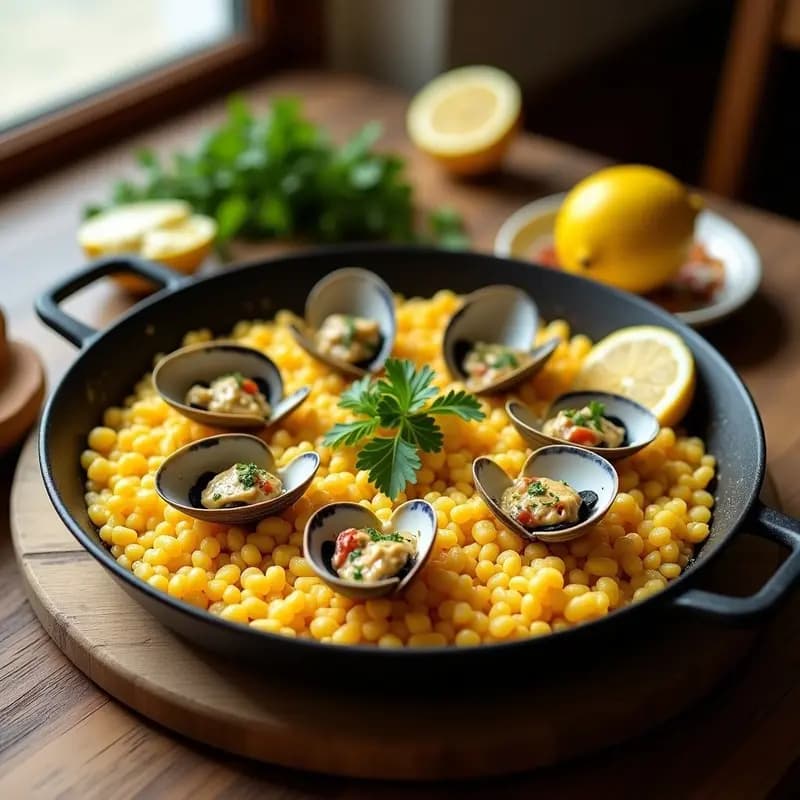 Paellera humeante con arroz a banda dorado, almejas abiertas y alioli cremoso, receta tradicional de la Costa Blanca fácil.