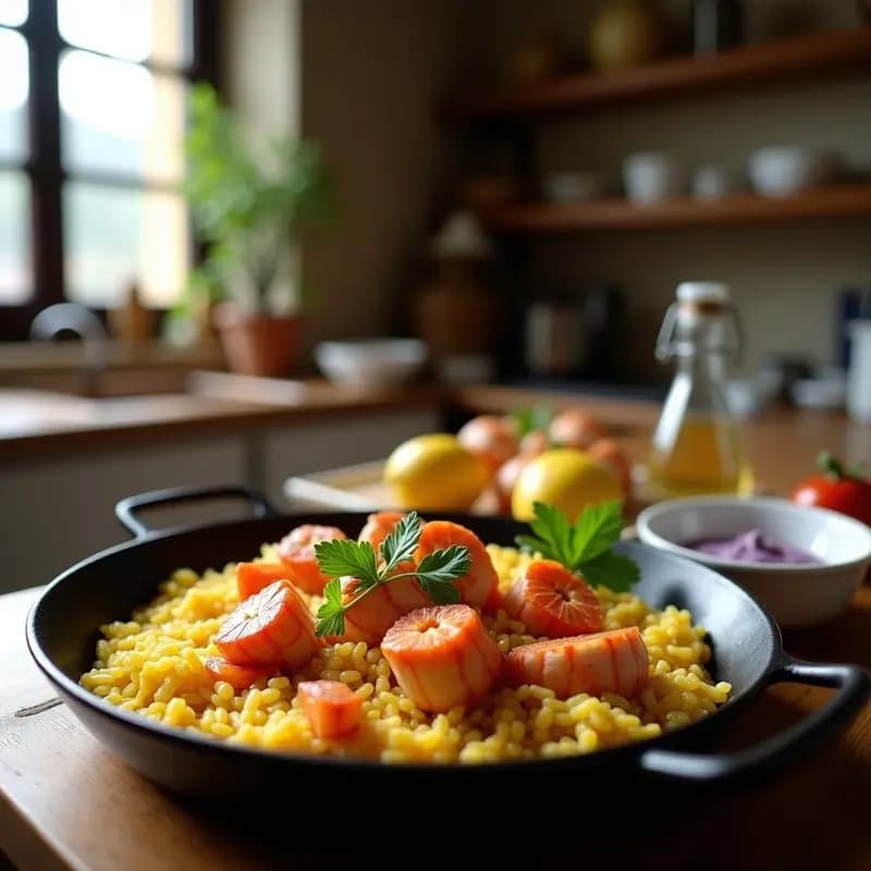 Paellera de hierro negro con arroz a banda meloso, trozos de bogavante dorado y alioli de ajo morado en un cuenco aparte, decorado con perejil y limón, receta alicantina tradicional.