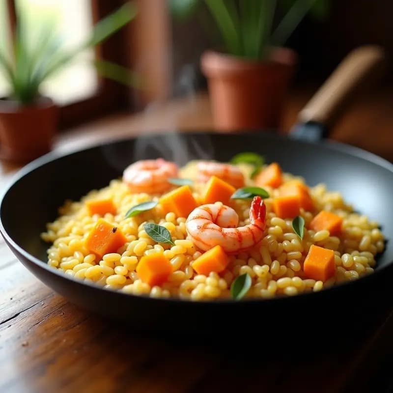 Sartén antiadherente con arroz a banda de color dorado, cubos de calabaza naranja y gambas rosadas, típico plato alicantino con fondo de caldo de pescado.