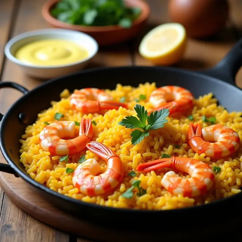 Paellera de hierro con arroz a banda dorado y meloso, gambas rosadas repartidas por encima, acompañada de un cuenco pequeño con alioli cremoso y rodajas de limón. Plato típico mediterráneo con colores vibrantes.