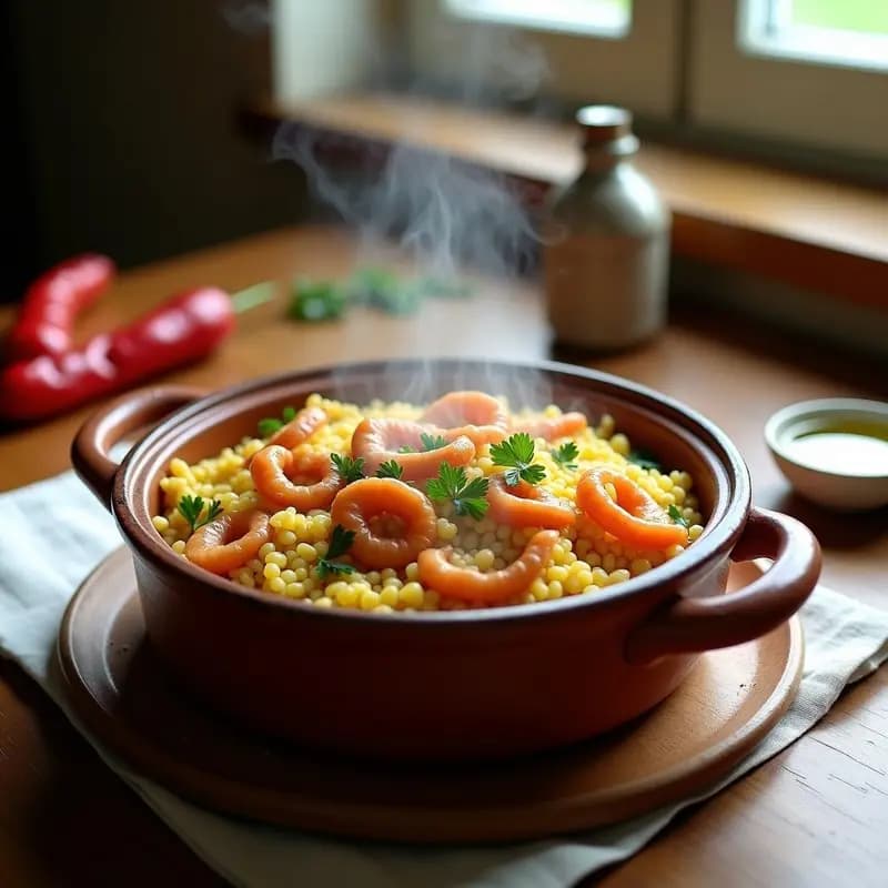 Olla de barro humeante con arroz a banda con ñora y calamar, calamares tiernos y arroz meloso, decorado con perejil fresco, receta tradicional alicantina.