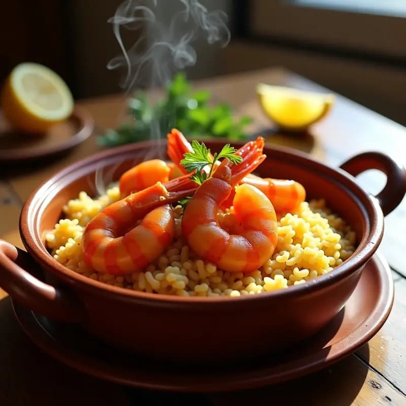 Cazuela de barro humeante con arroz a banda de color dorado, gambas rojas enteras distribuidas por encima, y un fondo de caldo amarillo por las ñoras. Acompañado de un limón en gajos y un ramita de perejil fresco. Plato típico alicantino de la costa.