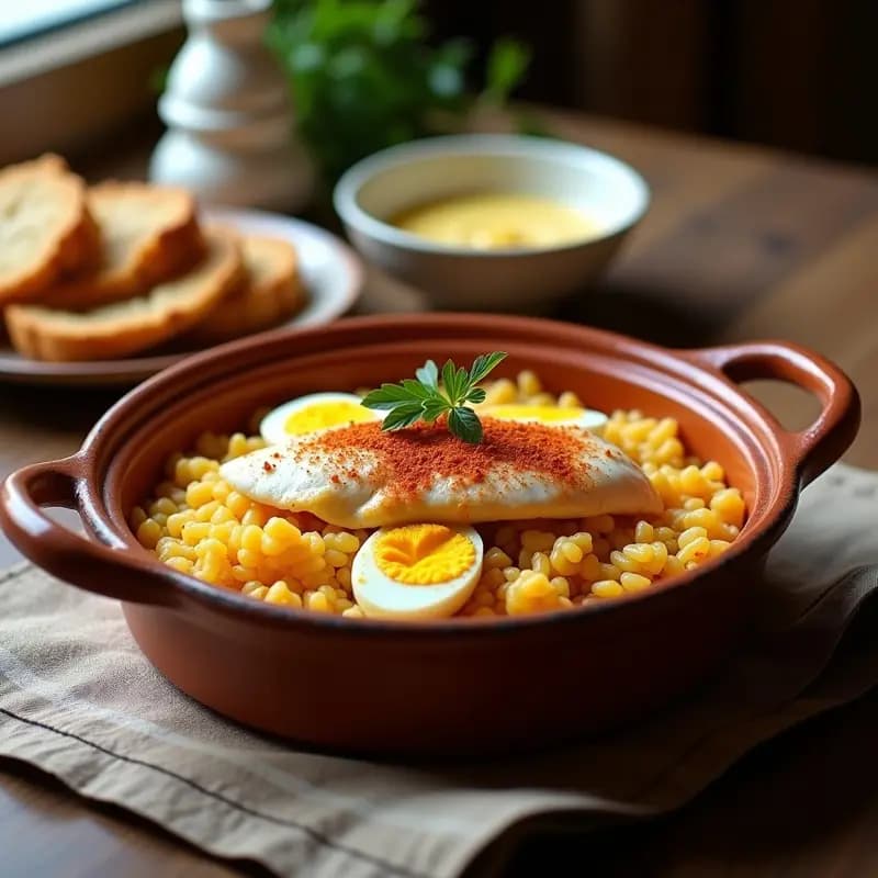 Cazuela de barro con arroz a banda alicantino, trozos de rapante blanco y huevo duro en gajos, decorado con pimentón y alioli al lado. Plato tradicional de la costa de Alicante con ñoras y caldo de pescado intenso.