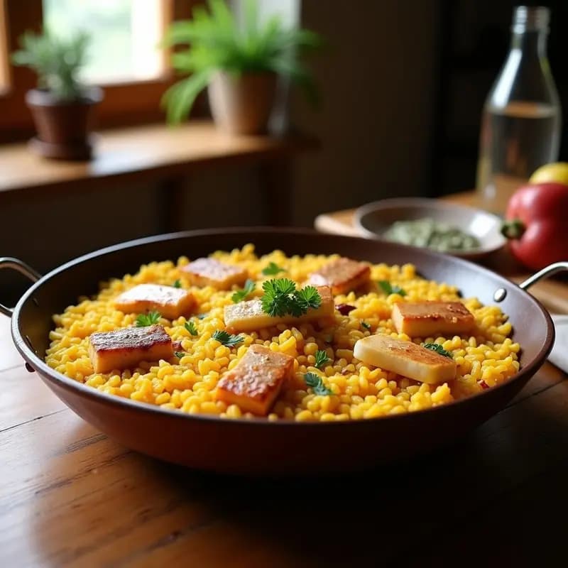 Paellera de barro con arroz a banda alicantino, trozos de rape blanco, ñoras picadas y perejil fresco, servido en la mesa con un fondo rústico.