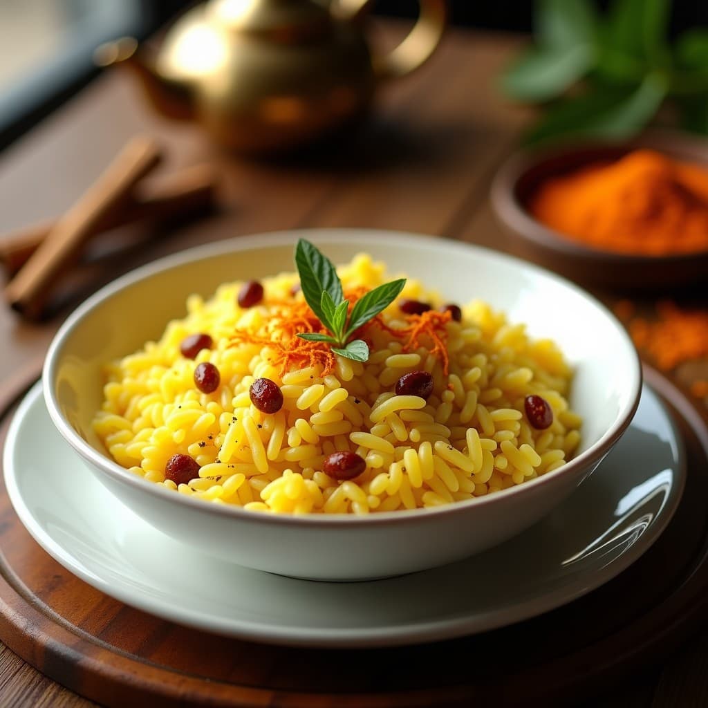 Plato hondo de cerámica blanca con arroz basmati dorado por el azafrán, decorado con pistachos tostados picados y hebras de azafrán. Al fondo, especias como cardamomo y canela en rama. Receta persa aromática en olla express.