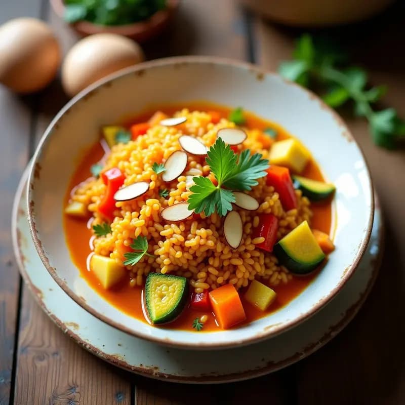 Plato hondo de cerámica blanca con arroz basmati dorado por el azafrán, mezclado con zanahoria, pimiento rojo y calabacín en trozos, bañado en salsa de curry y leche de coco. Decorado con almendras tostadas y cilantro fresco. Receta persa vegana y sin gluten de arroz con verduras al curry.