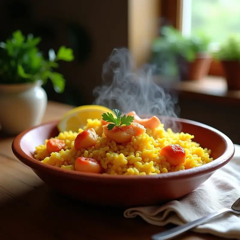 Plato hondo de barro con arroz con bogavante y azafrán, granos dorados y trozos de bogavante rosa, decorado con perejil fresco y rodaja de limón, receta gallega en olla rápida.