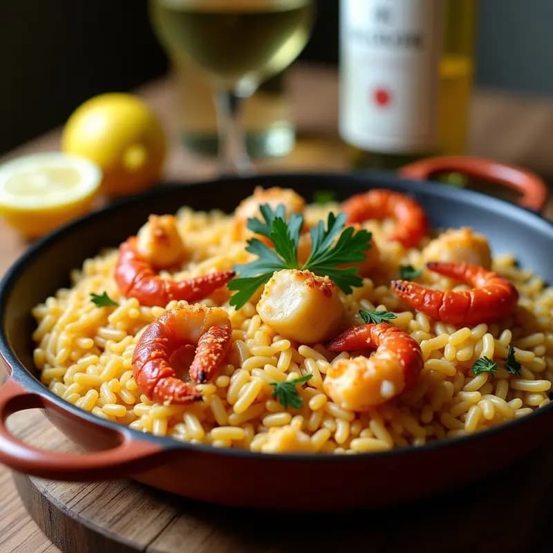 Cazuela de barro humeante con arroz cremoso estilo risotto, trozos de cola de bogavante dorada, sofrito de ajo y ñora visible, decorado con perejil fresco y rodaja de limón. Plato típico catalán de pesca tradicional.